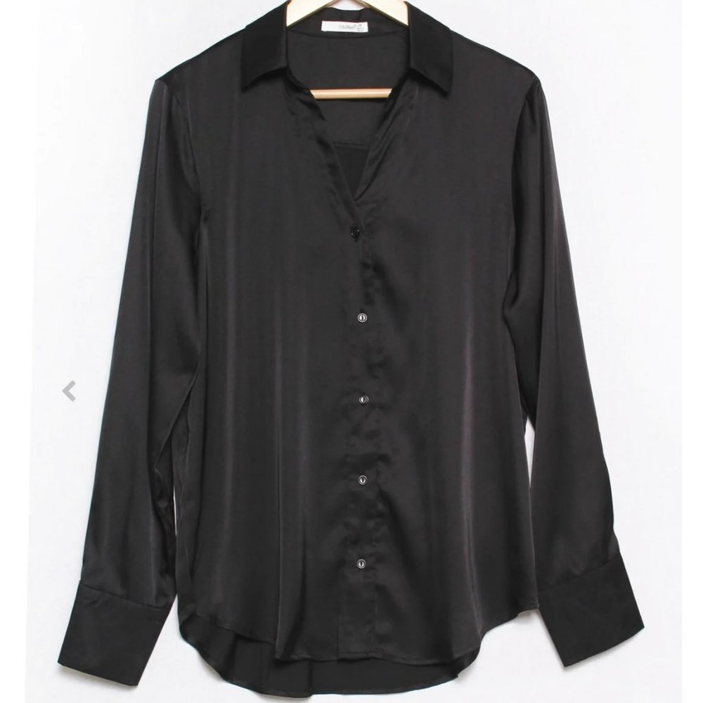 NWT! Timing Black Satin Button Down Blouse
